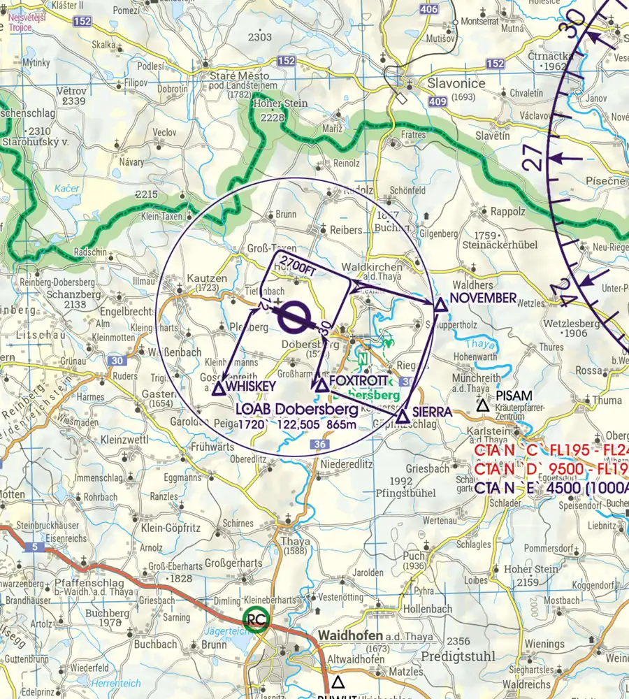 Approach Procedure and Traffic Pattern on the 200k VFR Chart of Austria