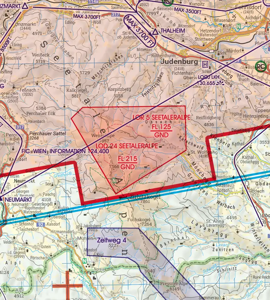 Prohibited and Restricted Area on the aeronautical Chart of Austria in 200k