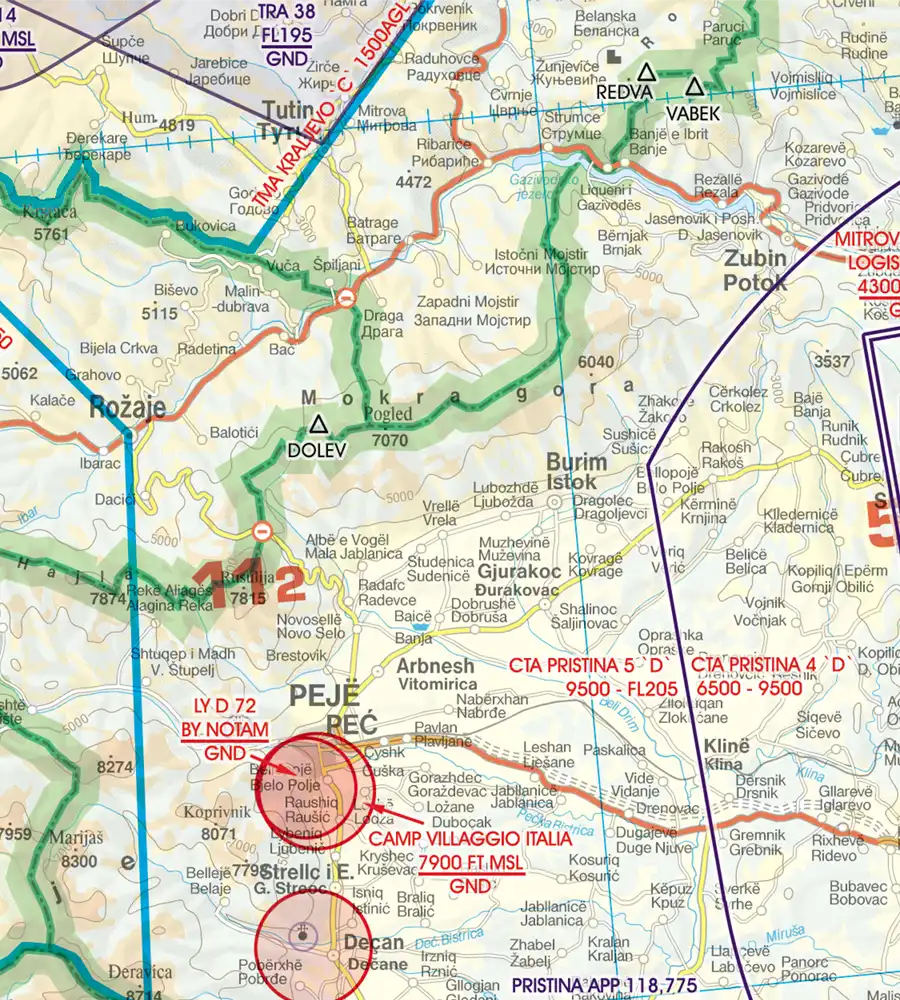 Border Crossings between Montenegro and North Macedonia on the VFR Chart in 500k