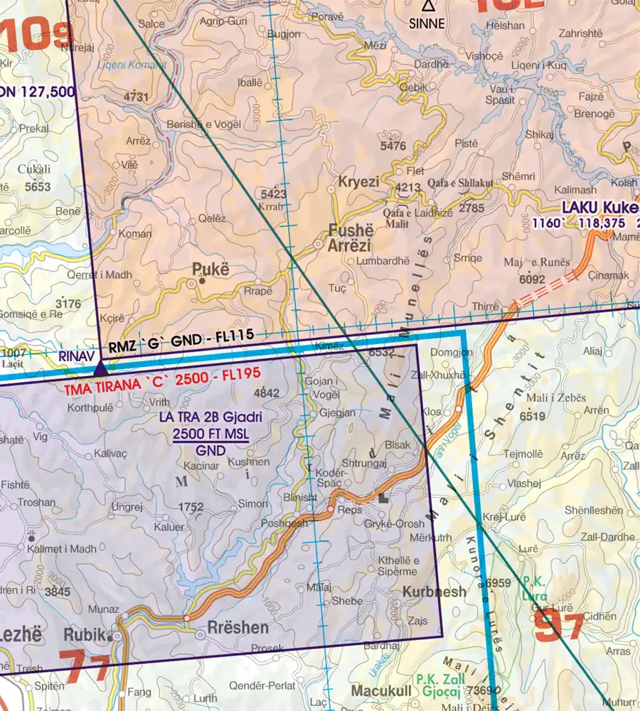 TRA Temporary reserved Airspace in Albania on the aeronautical chart in 500k