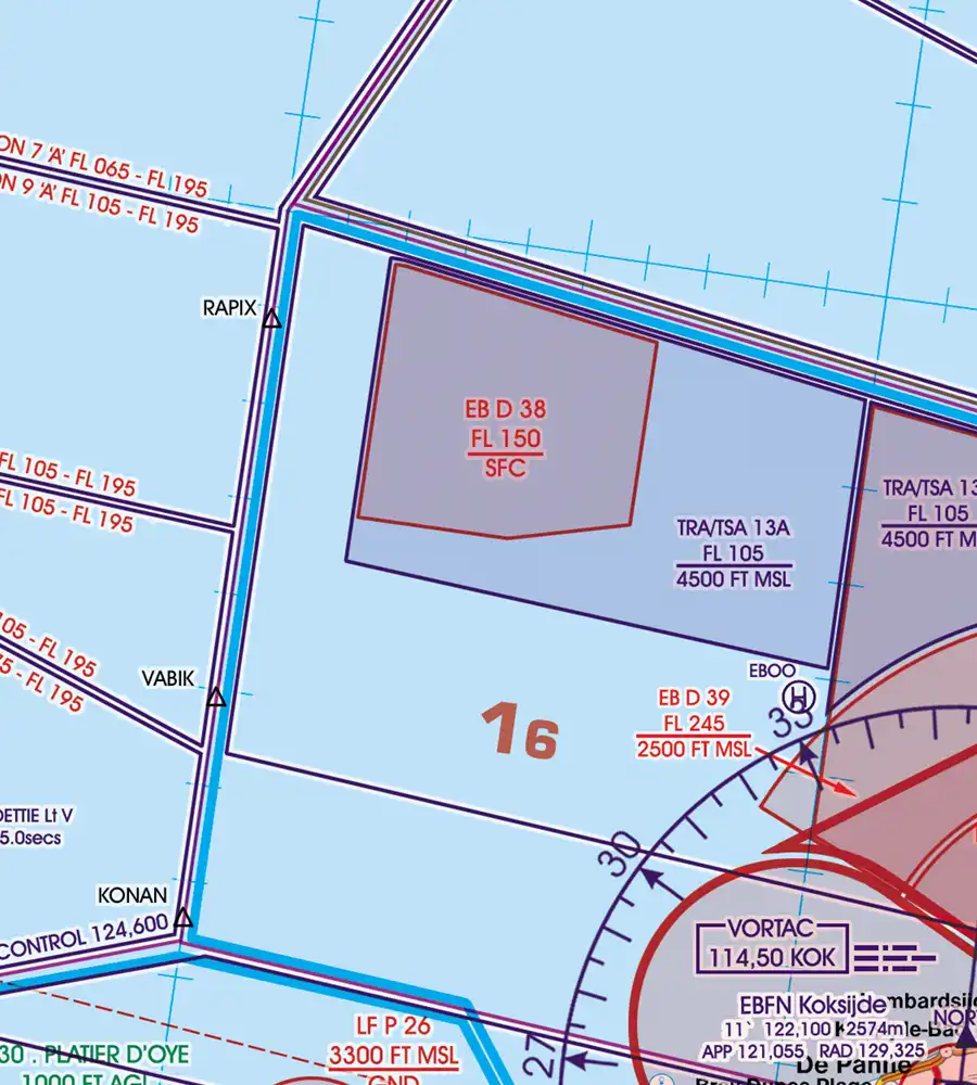 TRA Temporary Reserved Airspace on the 500k VFR Chart of Belgium