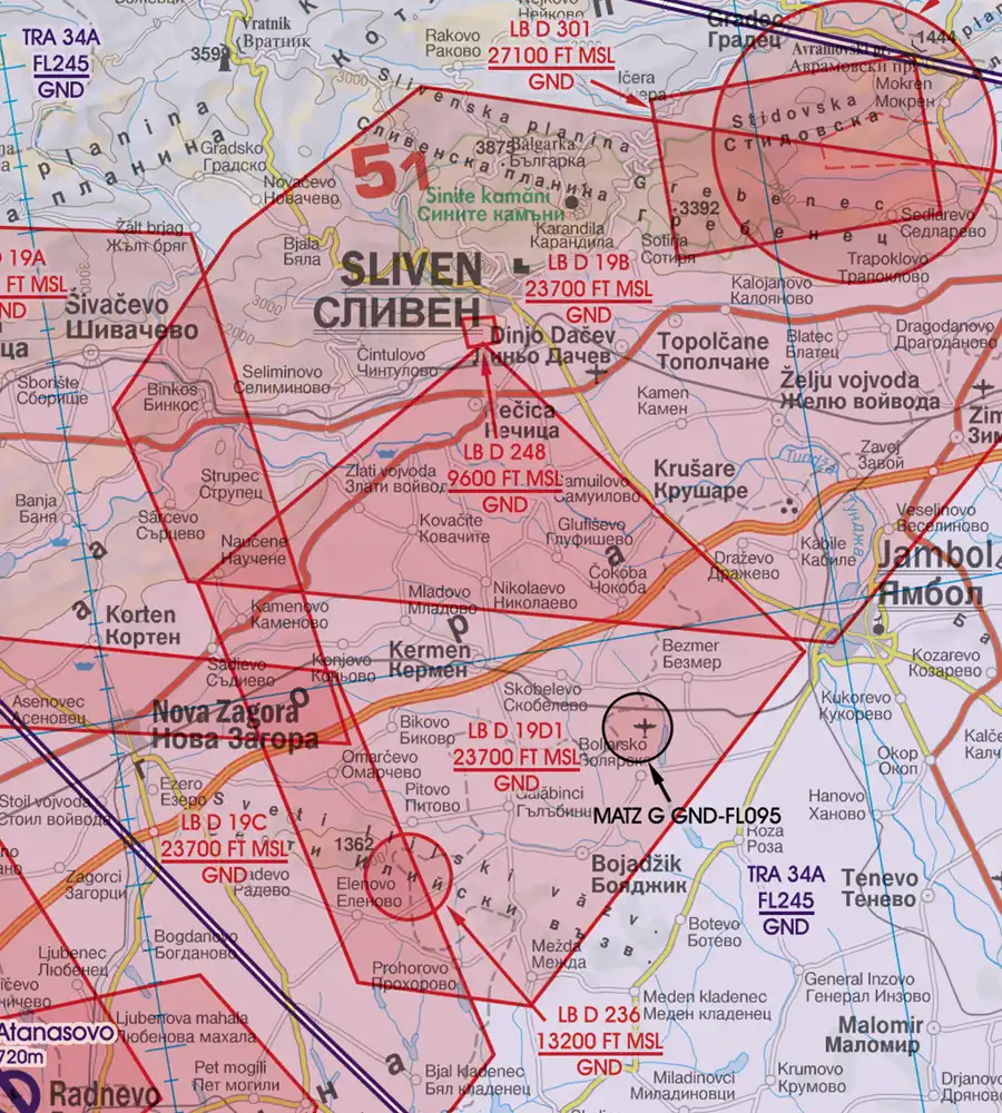 Danger Area on the 500k VFR Chart of Bulgaria