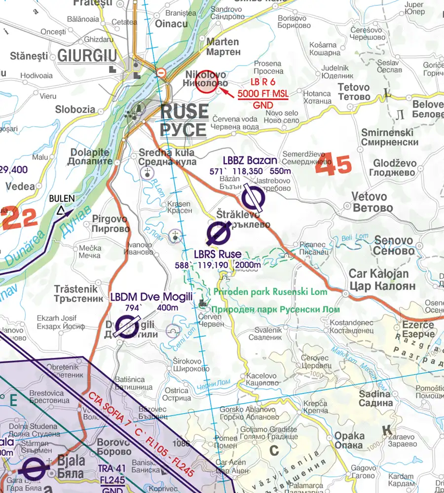 LB-R Restricted Area on the 500k VFR Chart of Bulgaria