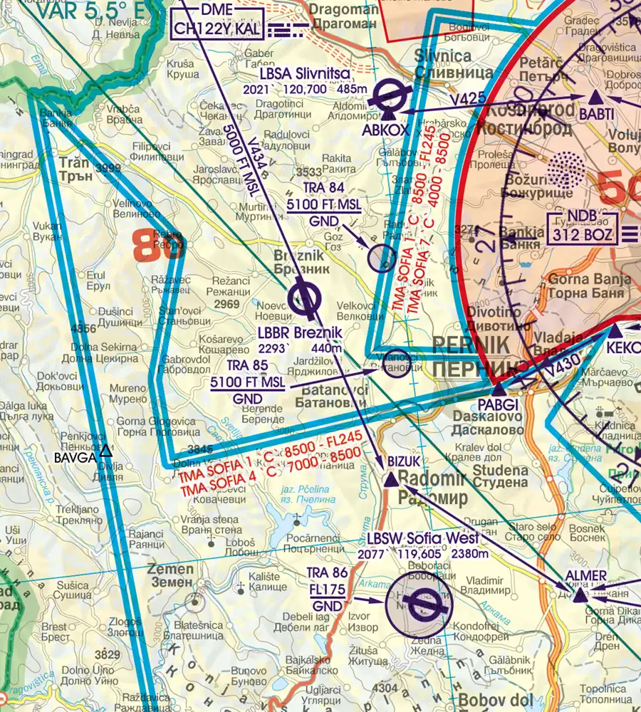 TMA Control Zone on the aeronautical Chart of Bulgaria in 500k
