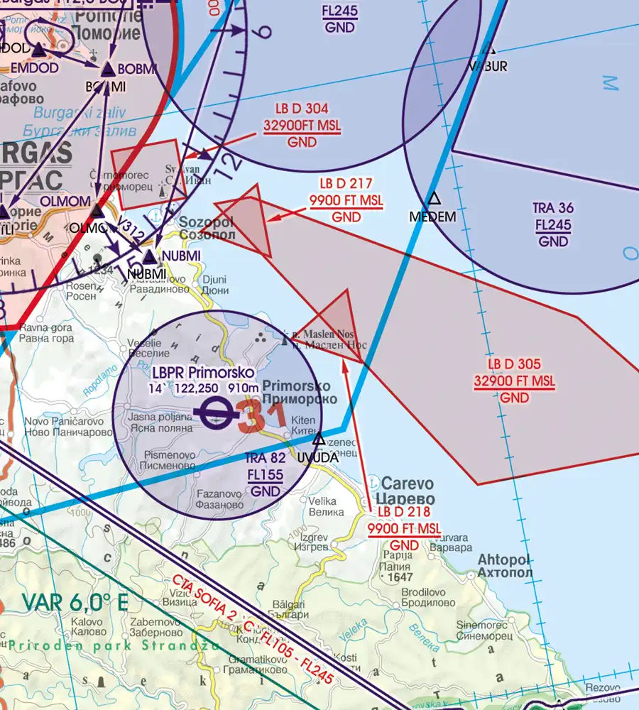 TRA Temporary Reserved Airspace on the VFR Chart of Bulgaria in 500k