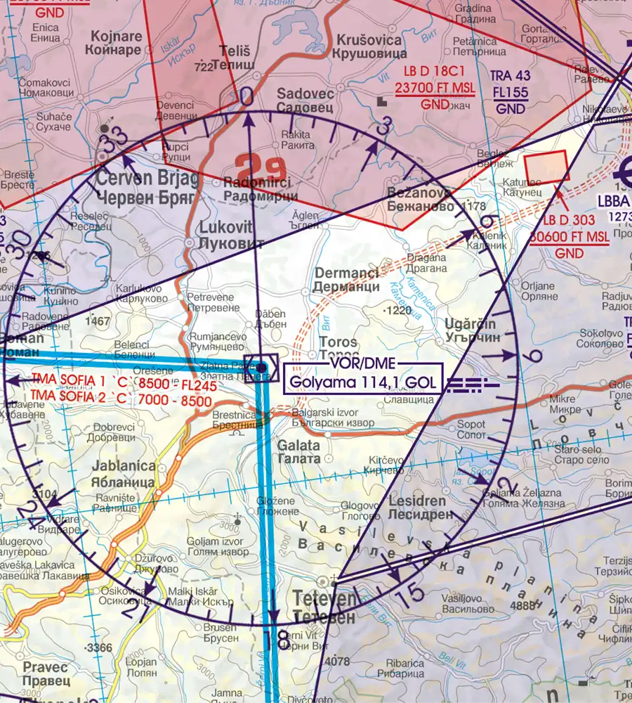 VOR Radio Navigation aids on the VFR Chart of Bulgaria in 500k