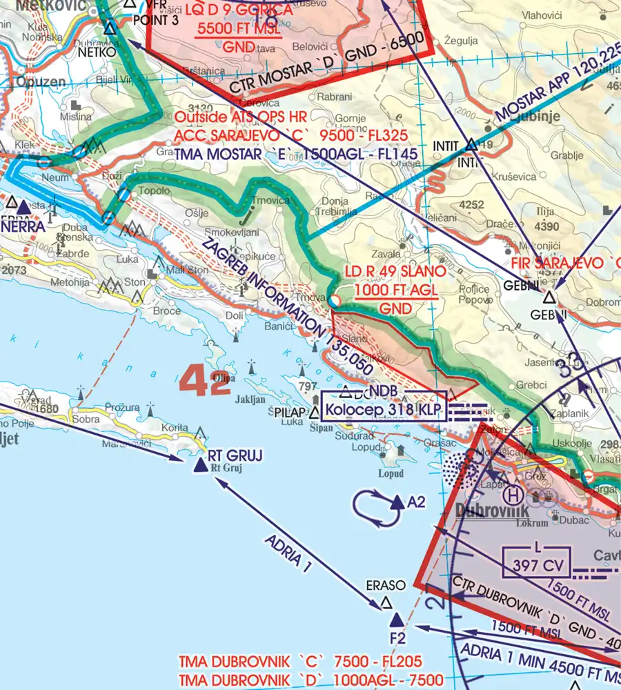 CTR VFR on the aeronautical Chart of Croatia and Bosnia Herzegovina in 500k