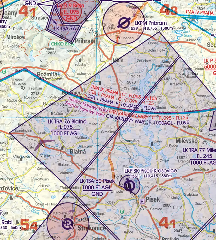 TRA Temporary Reserved Airspace on the 500k VFR ICAO Chart of Czechia