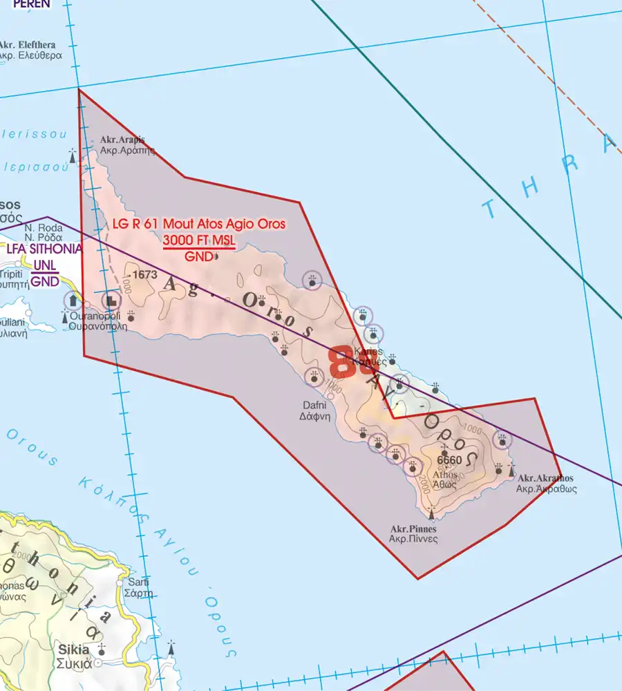 Restricted Area on the aeronautical Chart of Greece in 500k