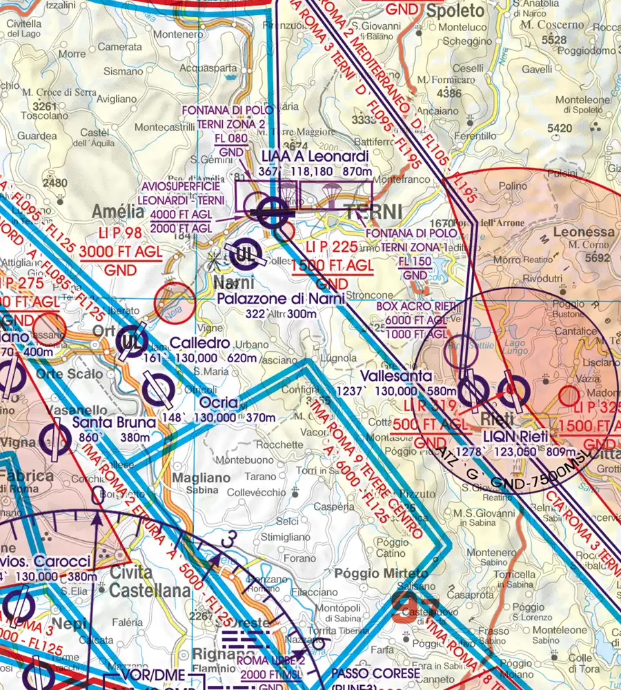 Aerial Sporting and Recreational Activities in 500k on the VFR Chart of Italy