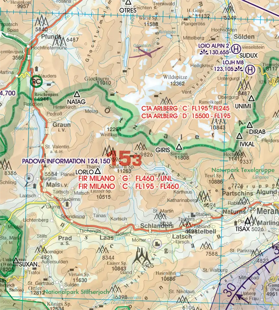 Border Crossing on the 500k VFR Chart of Italy