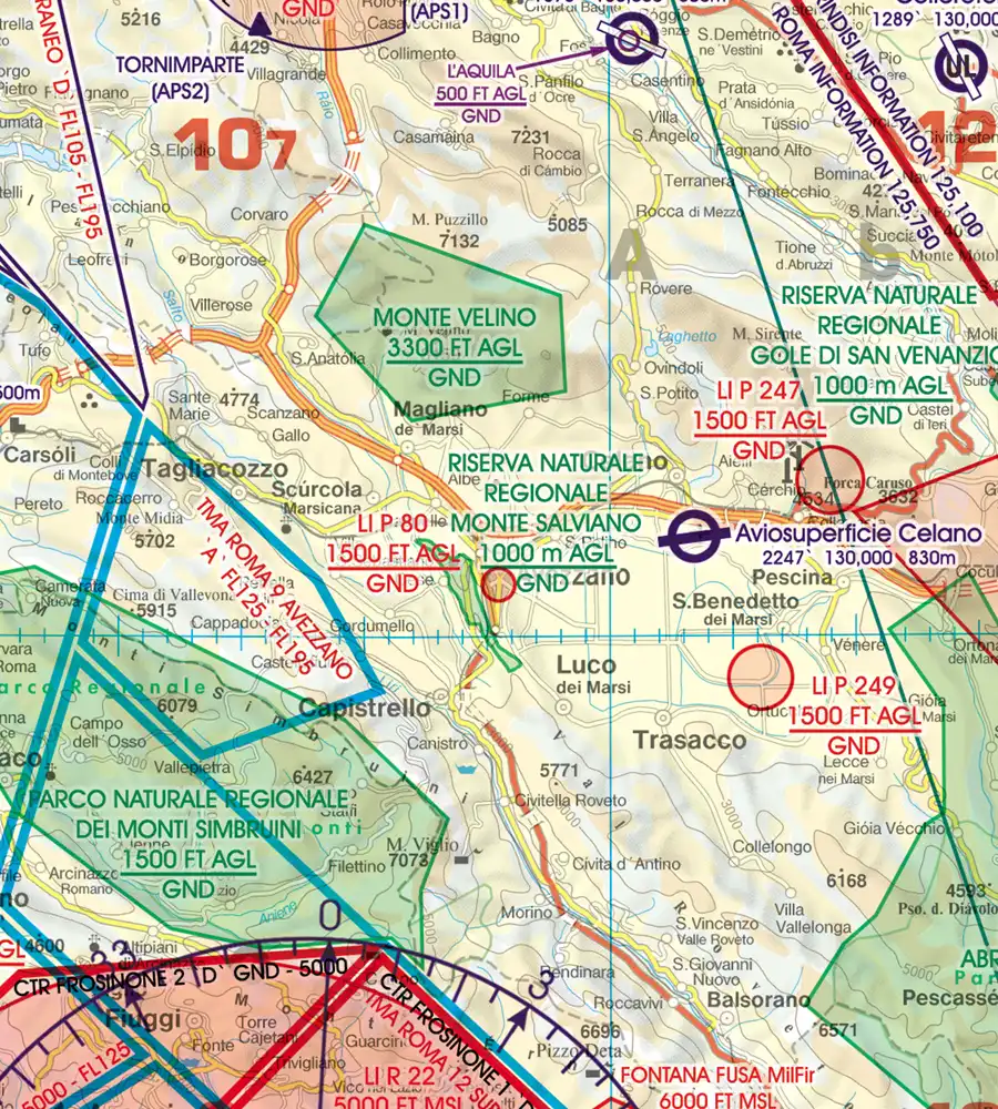 Natural Reserve sensitive Fauna on the ICAO Chart of Italy in 500k