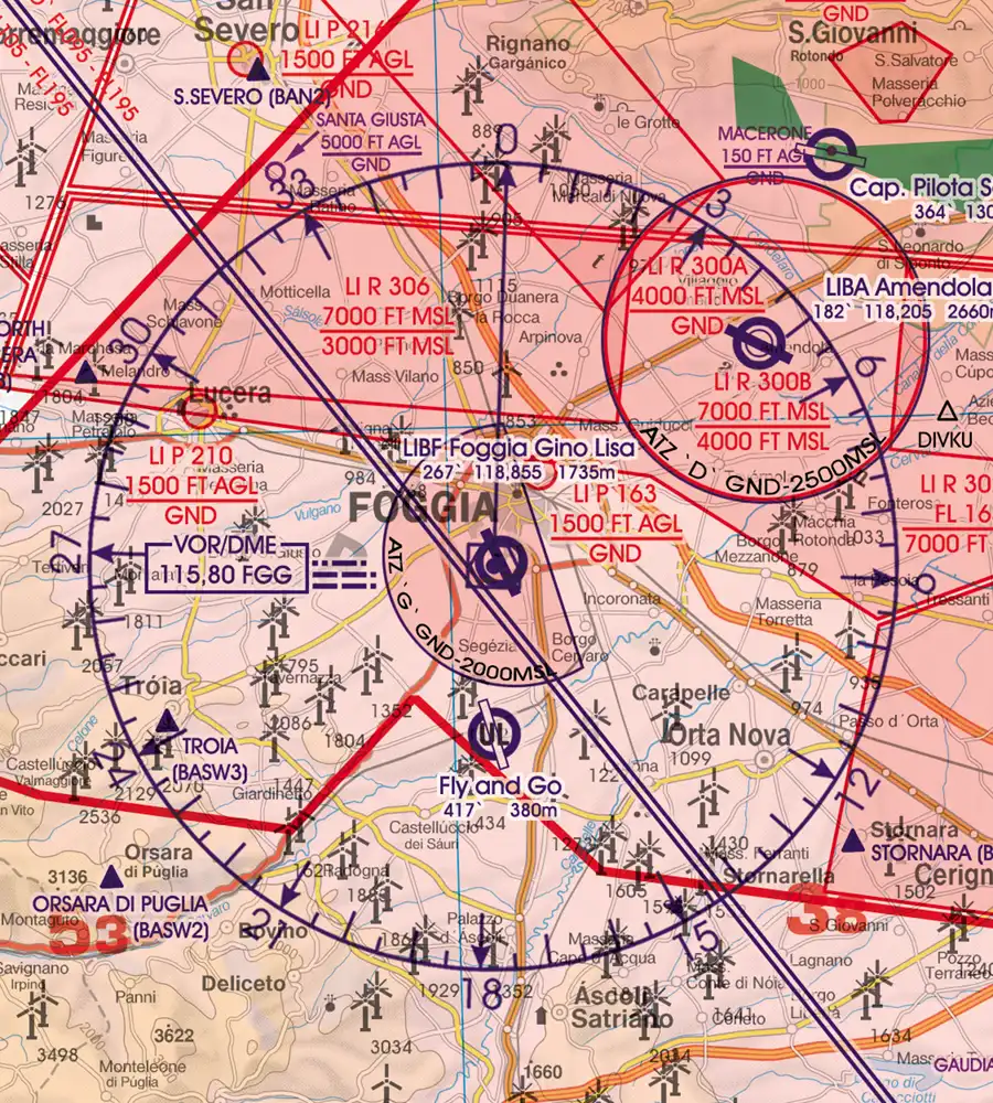 ATZ Traffic Zones on the ICAO Chart of Italy in 500k