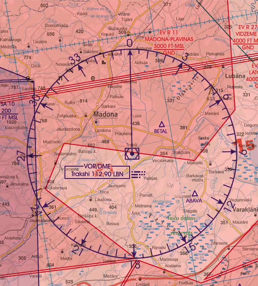 Radio Navigation aids on the aeronautical Chart of Latvia in 500k