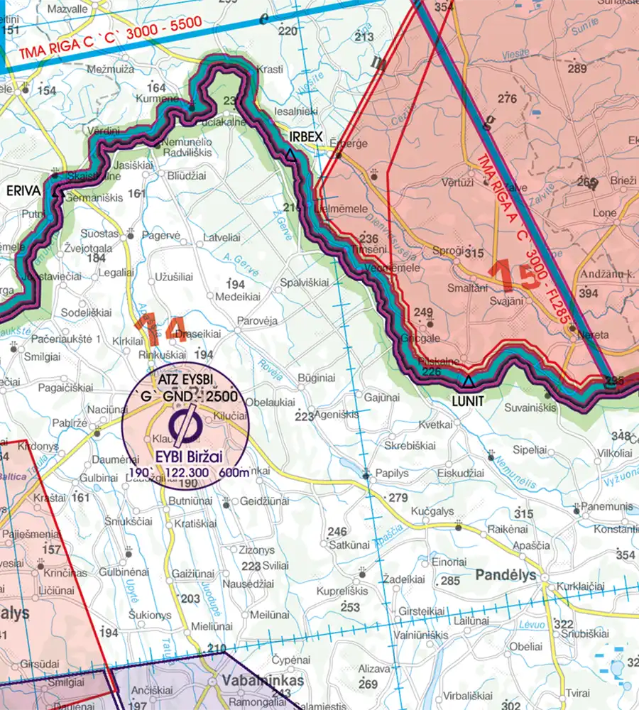 Border Crossing on the 500k ICAO Chart of Lithuania