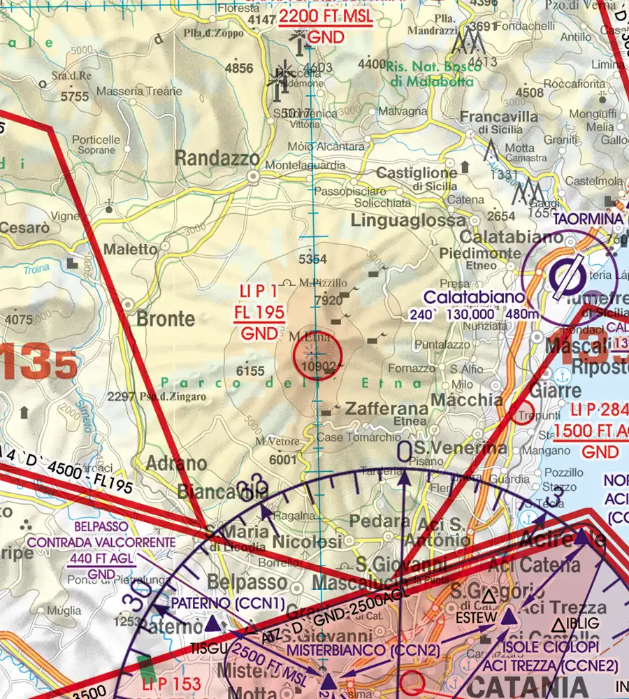 Prohibited Danger Area on the 500k aeronautical Chart of Malta and Sicilia