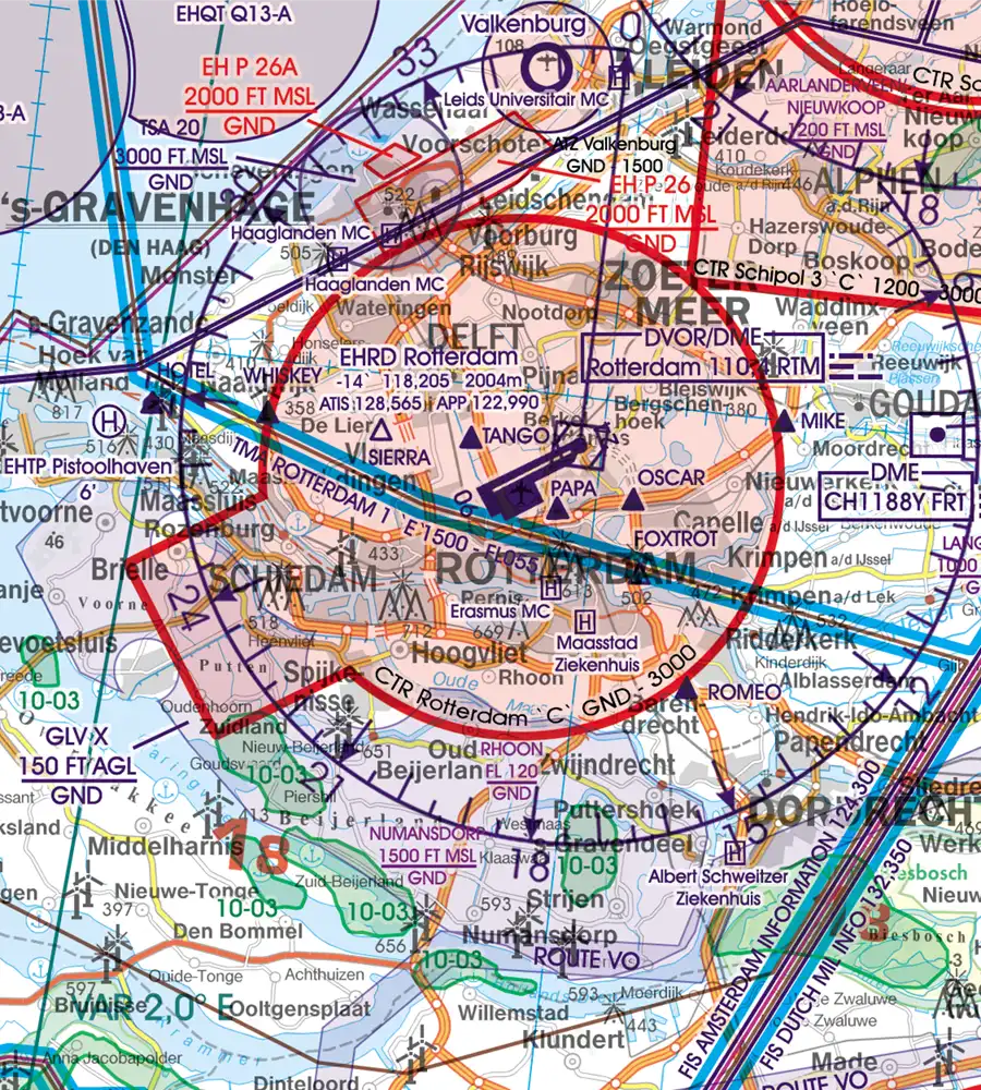 Airport and Heliport on the aeronautical Chart for the Netherlands in 500k