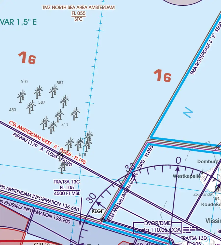 Wind Turbines on the ICAO Chart of the Netherlands in 500k