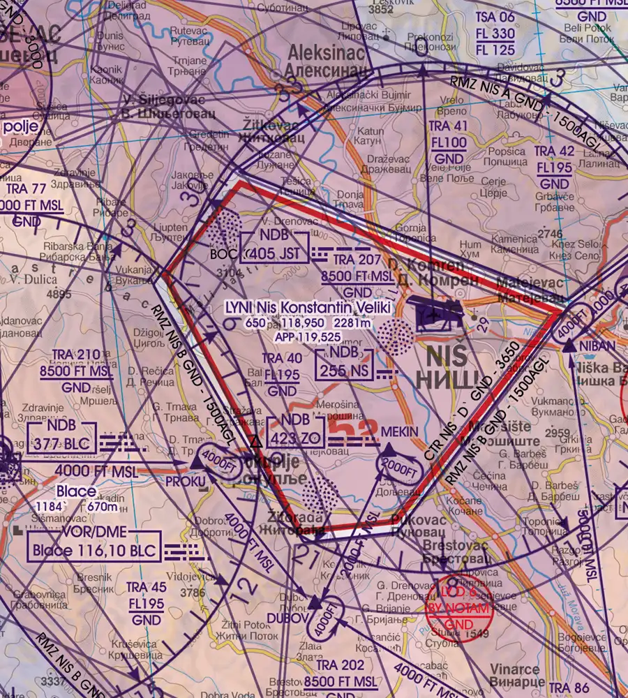 Airport and Traffic Pattern on the aeronautical Chart of Serbia in 500k