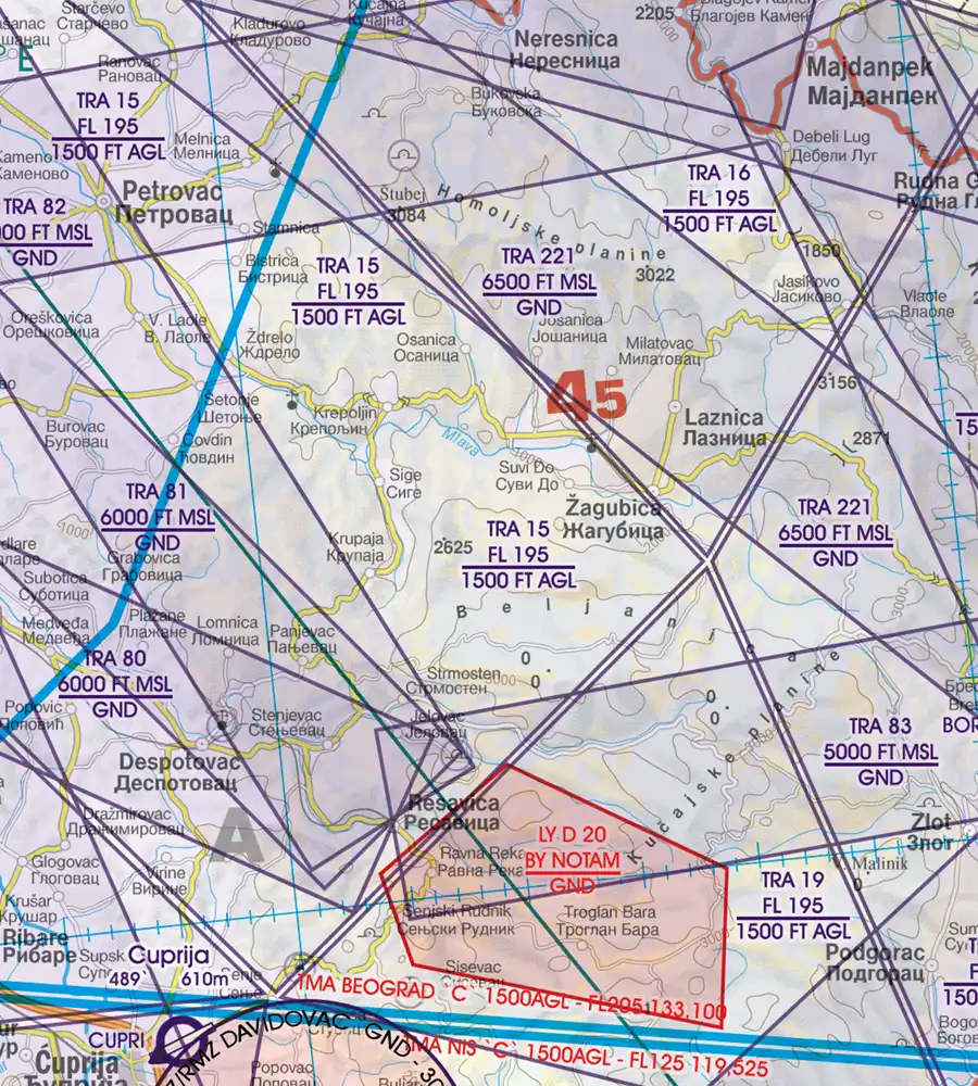 TRA Temporary Reserved Airspace on the 500k ICAO VFR Chart of Serbia