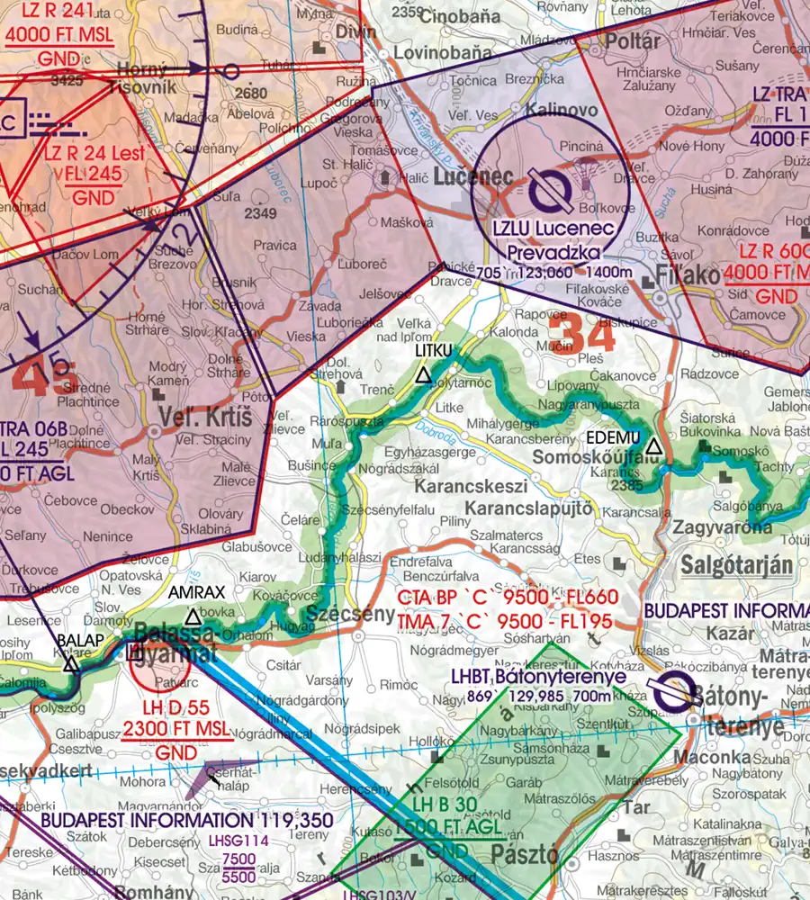Border Crossings on the VFR Chart of Slovakia in 500k