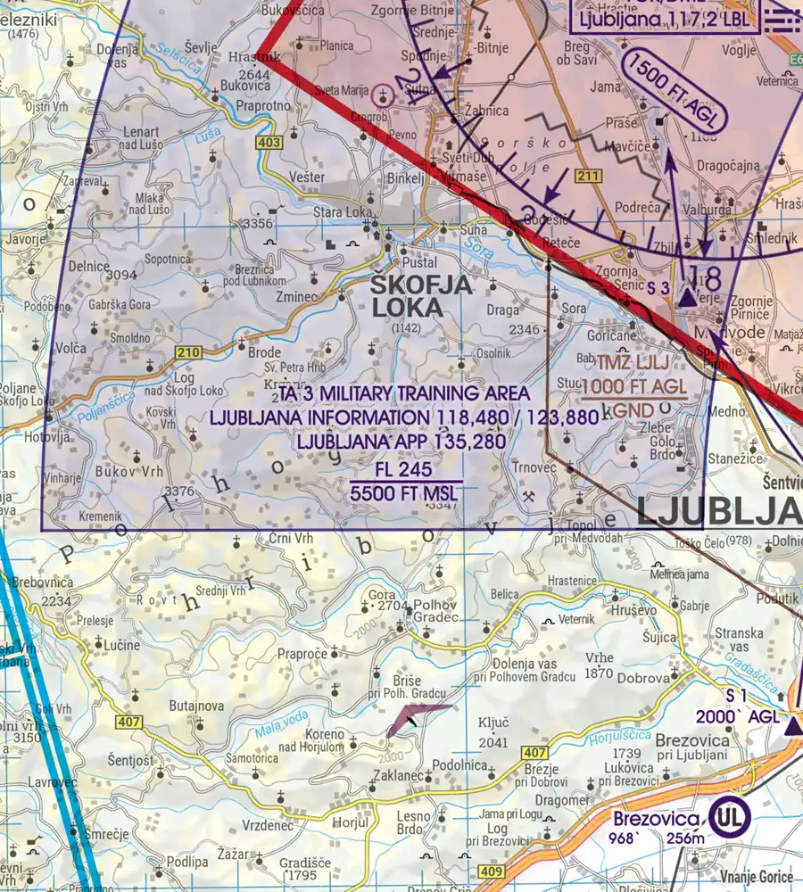 MTA Military Training Area on the 200k VFR Chart of Slovenia