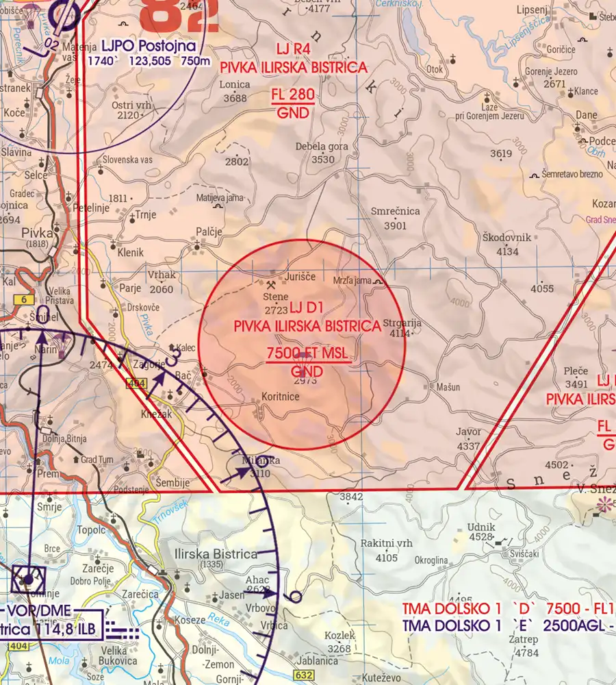 Prohibited and Restricted Danger Area on the ICAO Chart of Slovenia in 200k
