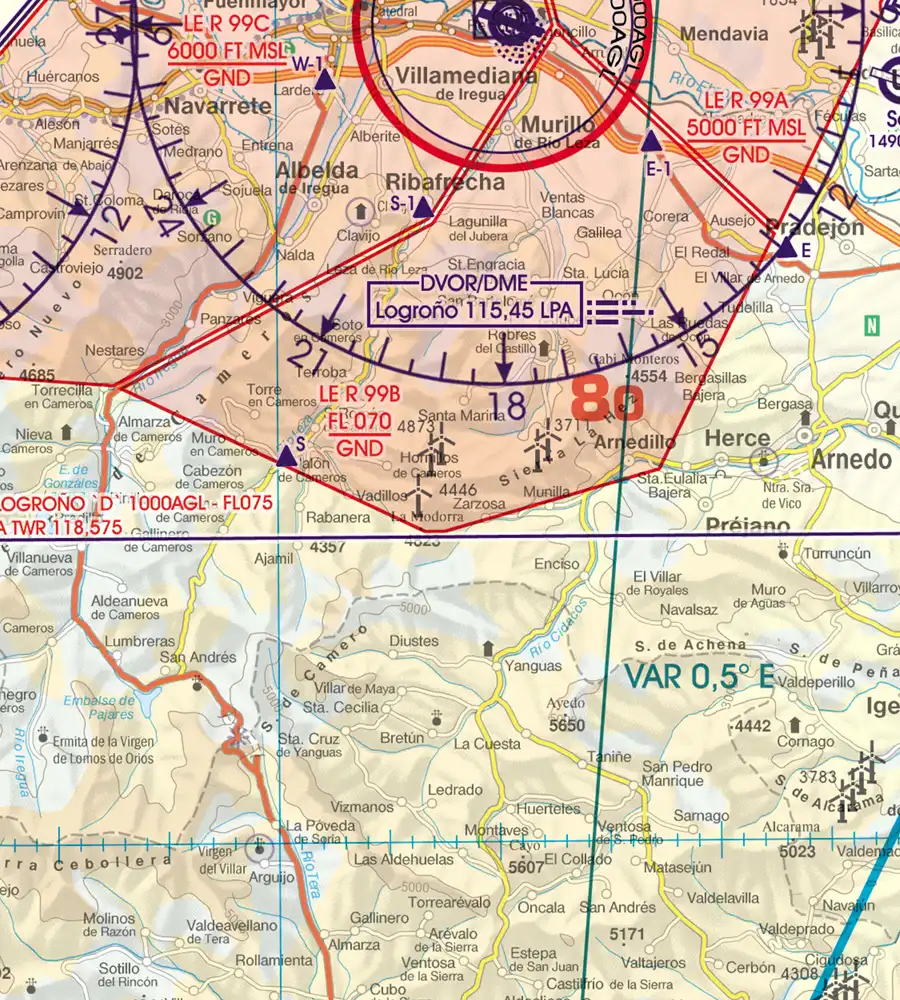VOR Radio Navigation aids on the 500k ICAO Chart of Spain