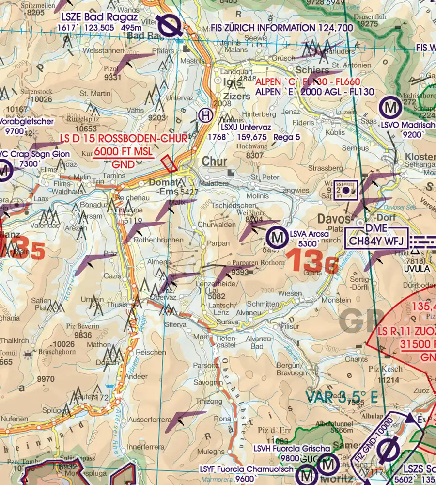 Area of Sporting and Recreational Activities on the 500k ICAO VFR Chart of Switzerland