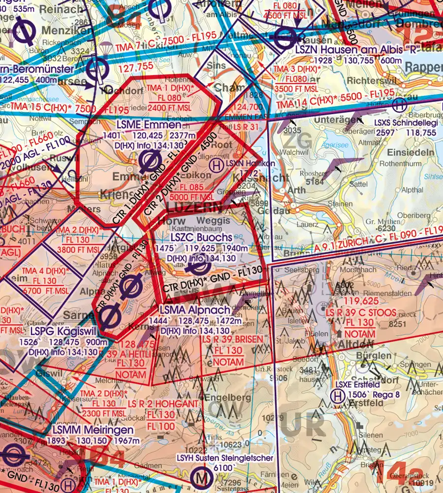Danger Area on the 500k aeronautical Chart of Switzerland