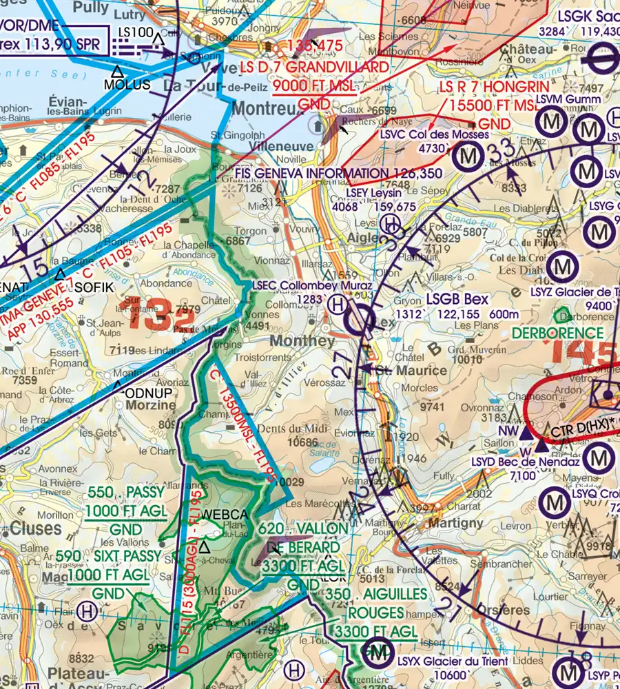 Border Crossings on the 500k aeronautical Chart of Switzerland