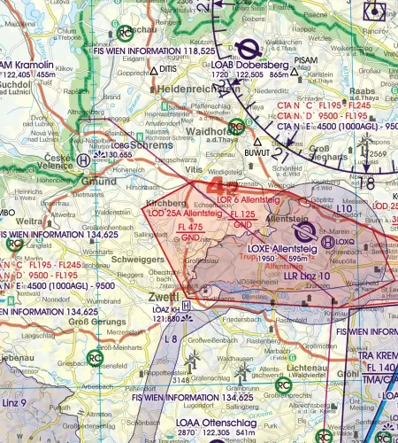 Prohibited and restricted Area in 500k on the ICAO Chart of Austria
