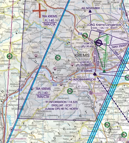 TRA Temporary Reserved Airspace on the ICAO Chart of Austria in 200k