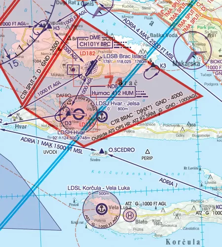 ATZ Flight Control Zone on the 500k ICAO Chart of Croatia