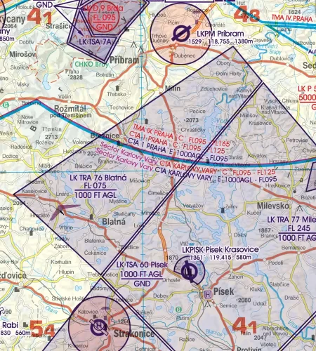 TRA Temporary Reserved Airspace on the 500k VFR ICAO Chart of Czechia
