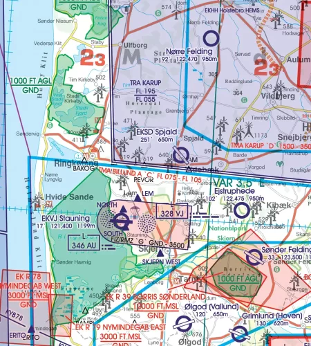 TRA Temporary Reserved Airspace on the ICAO Chart of Denmark in 500k