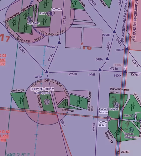 Wind Turbines and Offshore Heliport on the aeronautical Chart of Denmark in 500k