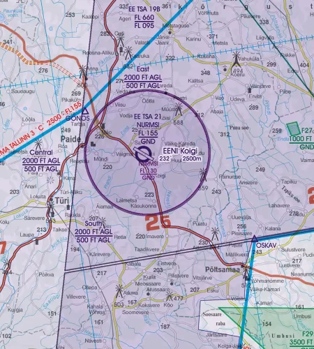 TSA Temporary Seperated Area on the aeronautical Chart of Estonia in 500k