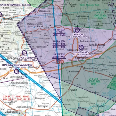 TRA Temporary Airspace Reservation on the 500k aeronautical Chart of Hungary