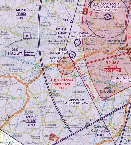 EI-P Restricted Airspace on the 500k aeronautical Chart of Ireland