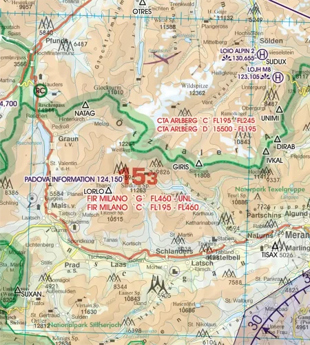 Border Crossing on the 500k VFR Chart of Italy