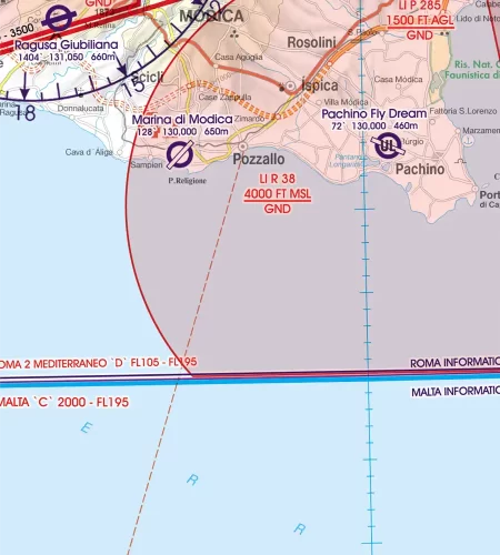 Restricted Area on the ICAO Chart of Malta and Sicilia in 500k