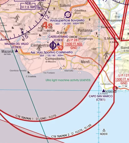ULM Area on the VFR ICAO Chart of Malta and Sicilia in 500k