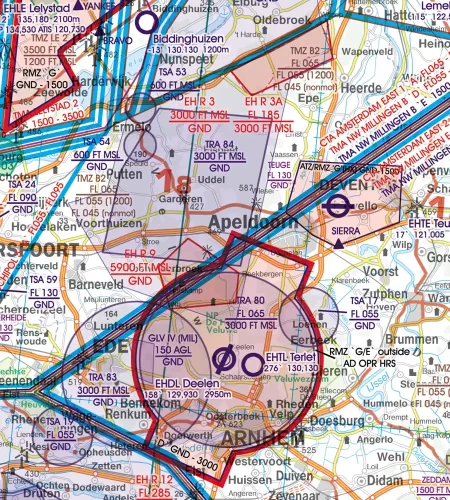 TRA Temporary Reserved Airspace on the ICAO Chart of the Netherlands in 500k