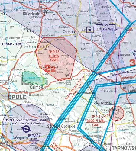 Prohibited Restricted Danger Area on the 500k aeronautical Chart of Poland