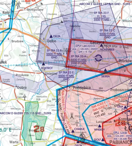 TRA Temporary Reserved Airspace on the VFR ICAO Chart of Poland in 500k