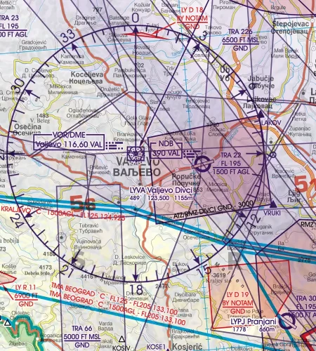 DME Radio Navigation aids on the VFR ICAO Chart of Serbia in 500k