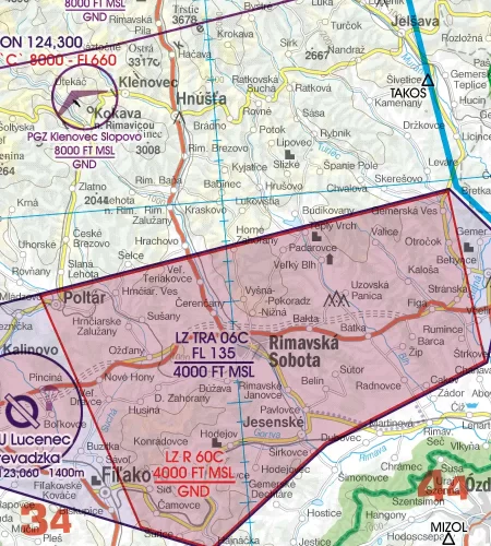 TRA Temporary Reserved Airspace on the aeronautical Chart of Slovakia in 500k
