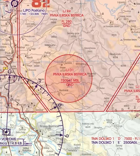 Prohibited and Restricted Danger Area on the ICAO Chart of Slovenia in 200k