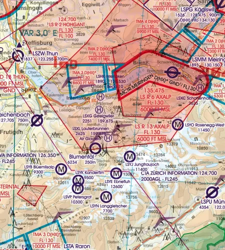 Military Airport and Restricted Area on the VFR ICAO Chart of Switzerland in 500k